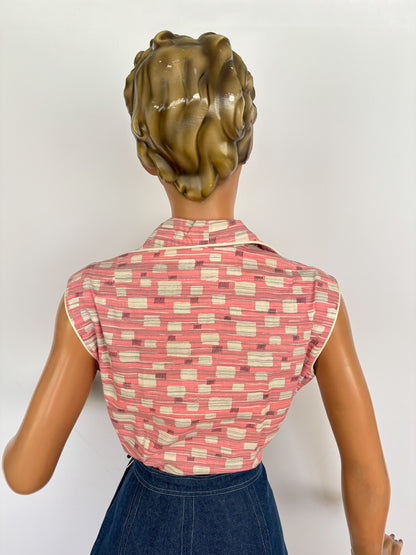 M/L | 1950s/60s Pink Atomic Print Cotton Blouse