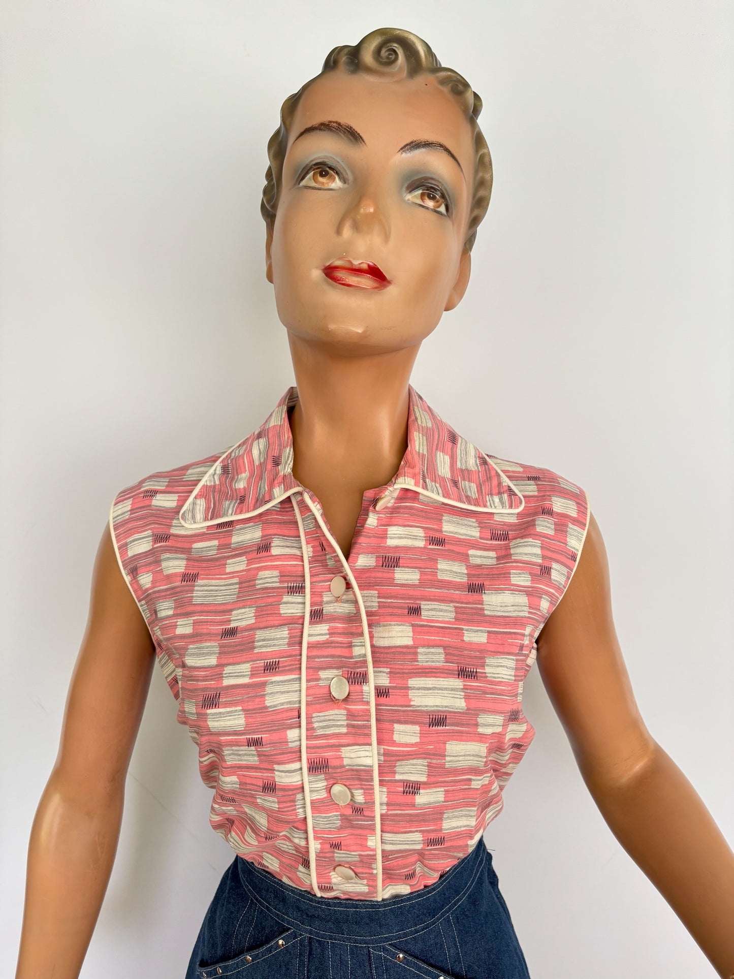M/L | 1950s/60s Pink Atomic Print Cotton Blouse