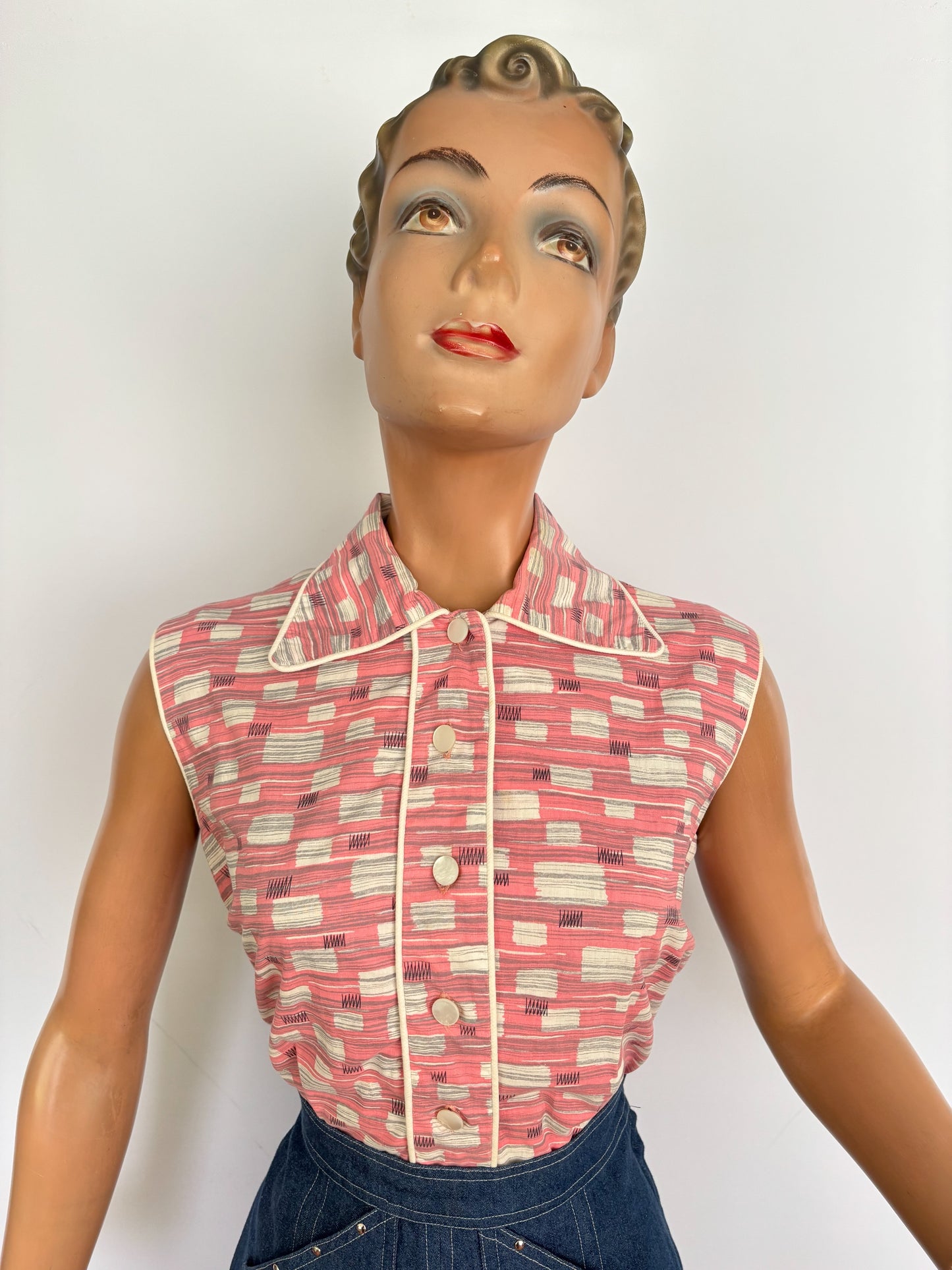 M/L | 1950s/60s Pink Atomic Print Cotton Blouse