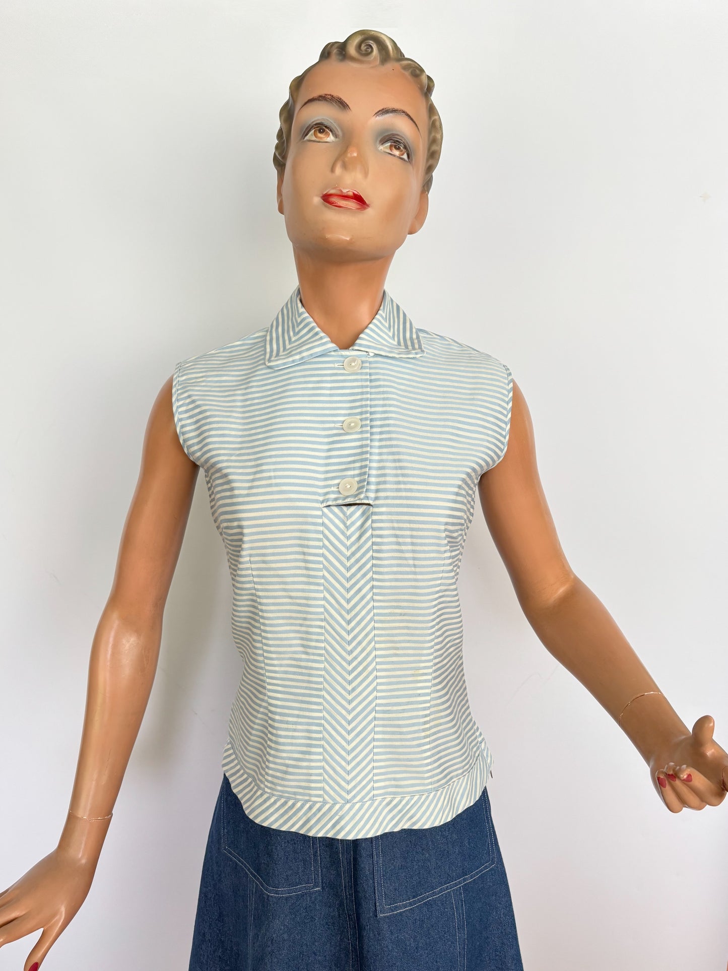XS | 1950s Blue And White Striped Cotton Blouse