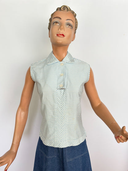XS | 1950s Blue And White Striped Cotton Blouse