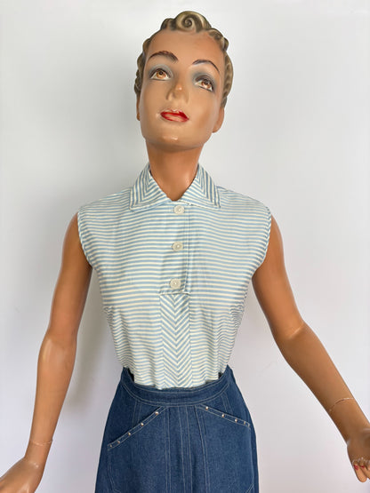 XS | 1950s Blue And White Striped Cotton Blouse