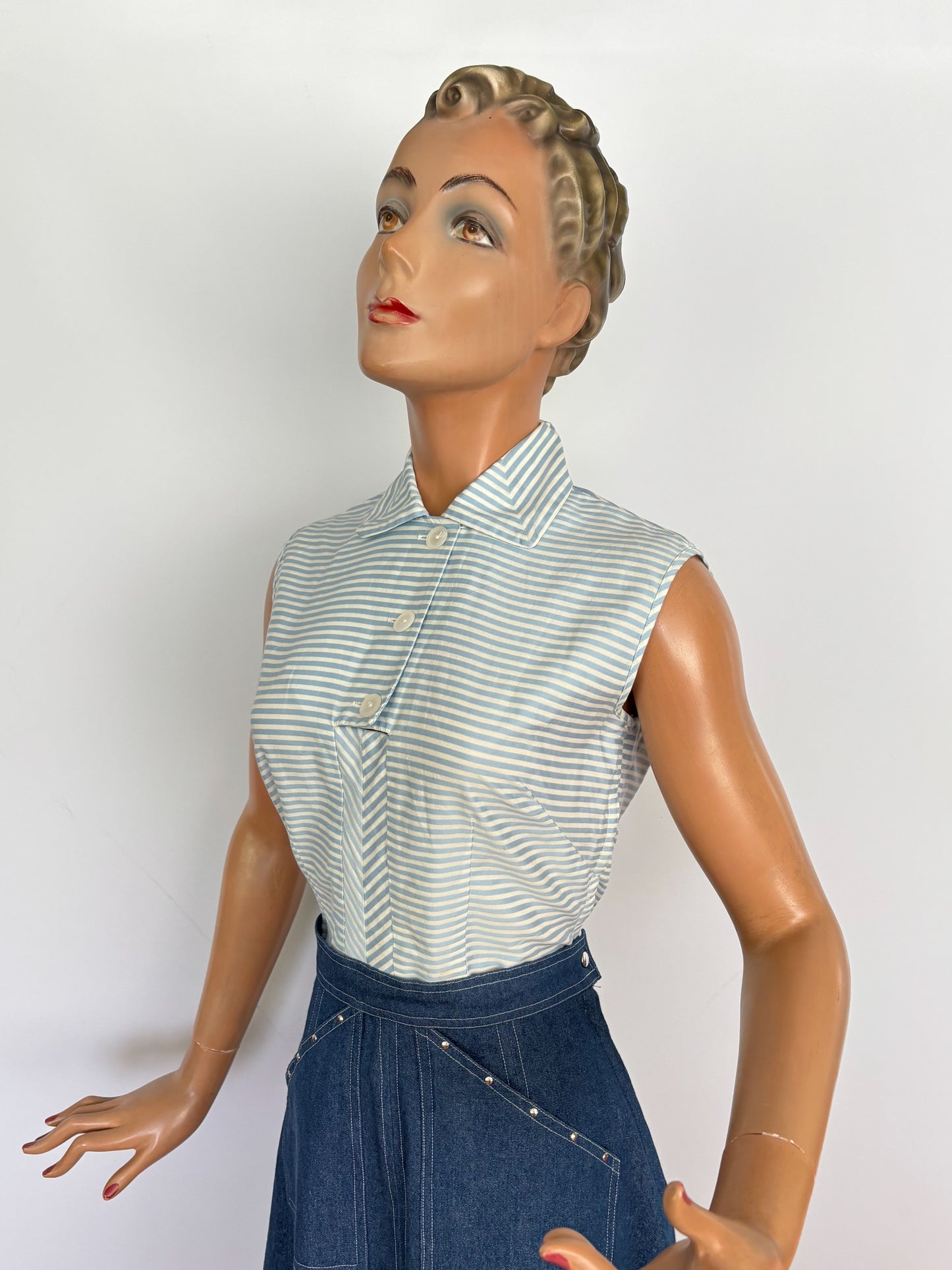 XS | 1950s Blue And White Striped Cotton Blouse
