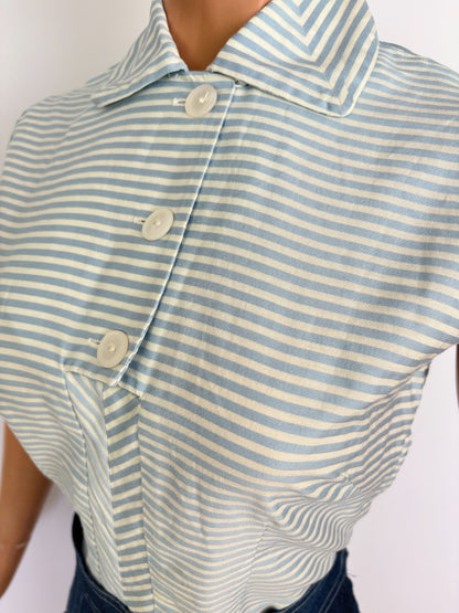 XS | 1950s Blue And White Striped Cotton Blouse