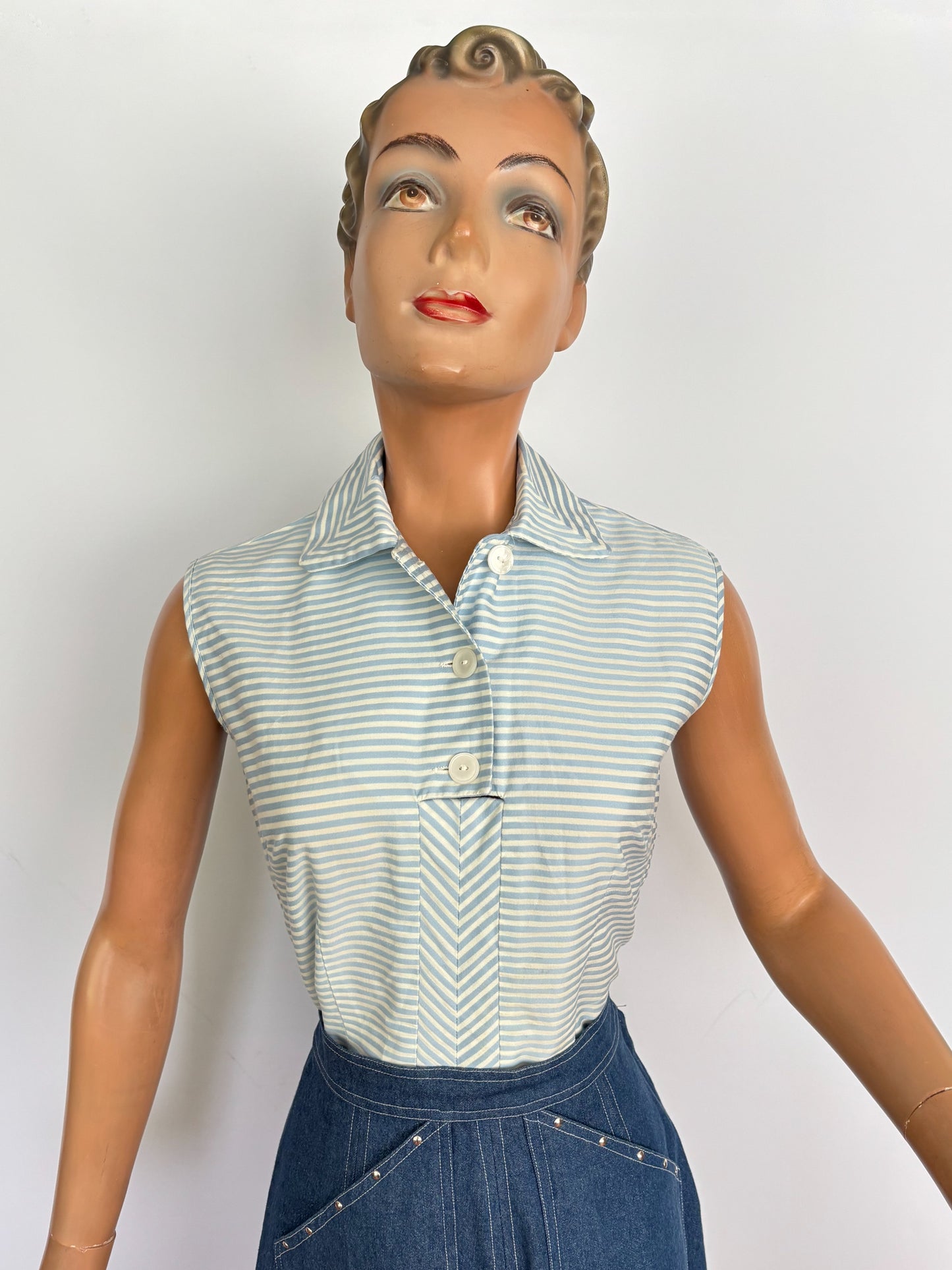 XS | 1950s Blue And White Striped Cotton Blouse