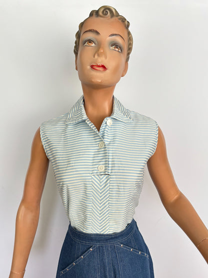 XS | 1950s Blue And White Striped Cotton Blouse