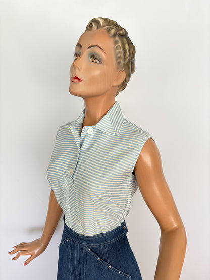 XS | 1950s Blue And White Striped Cotton Blouse
