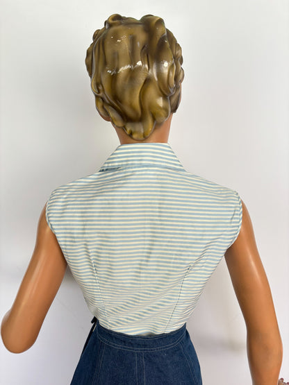 XS | 1950s Blue And White Striped Cotton Blouse