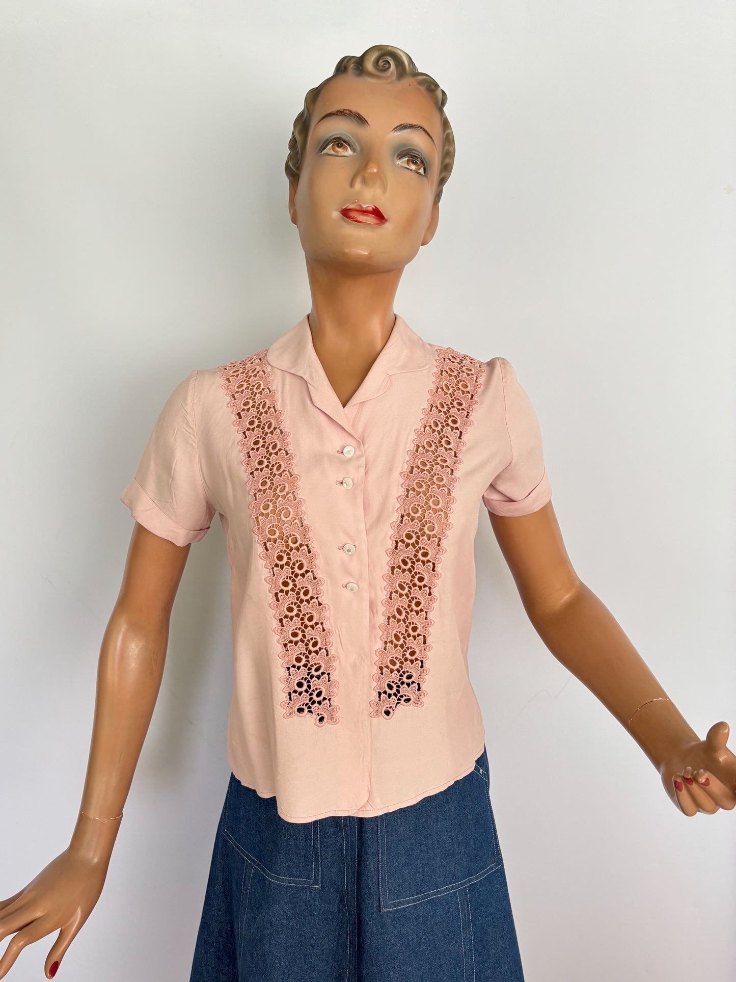 S | 1950s Blush Pink Rayon Blouse With Lace Insert