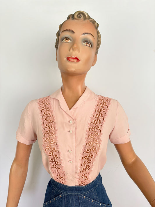 S | 1950s Blush Pink Rayon Blouse With Lace Insert