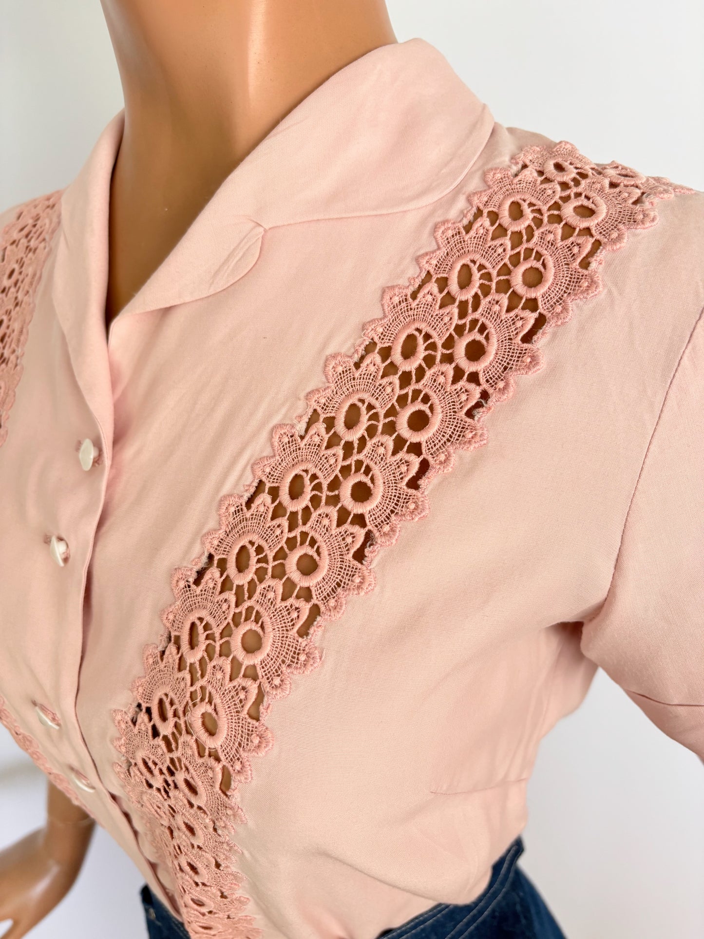 S | 1950s Blush Pink Rayon Blouse With Lace Insert
