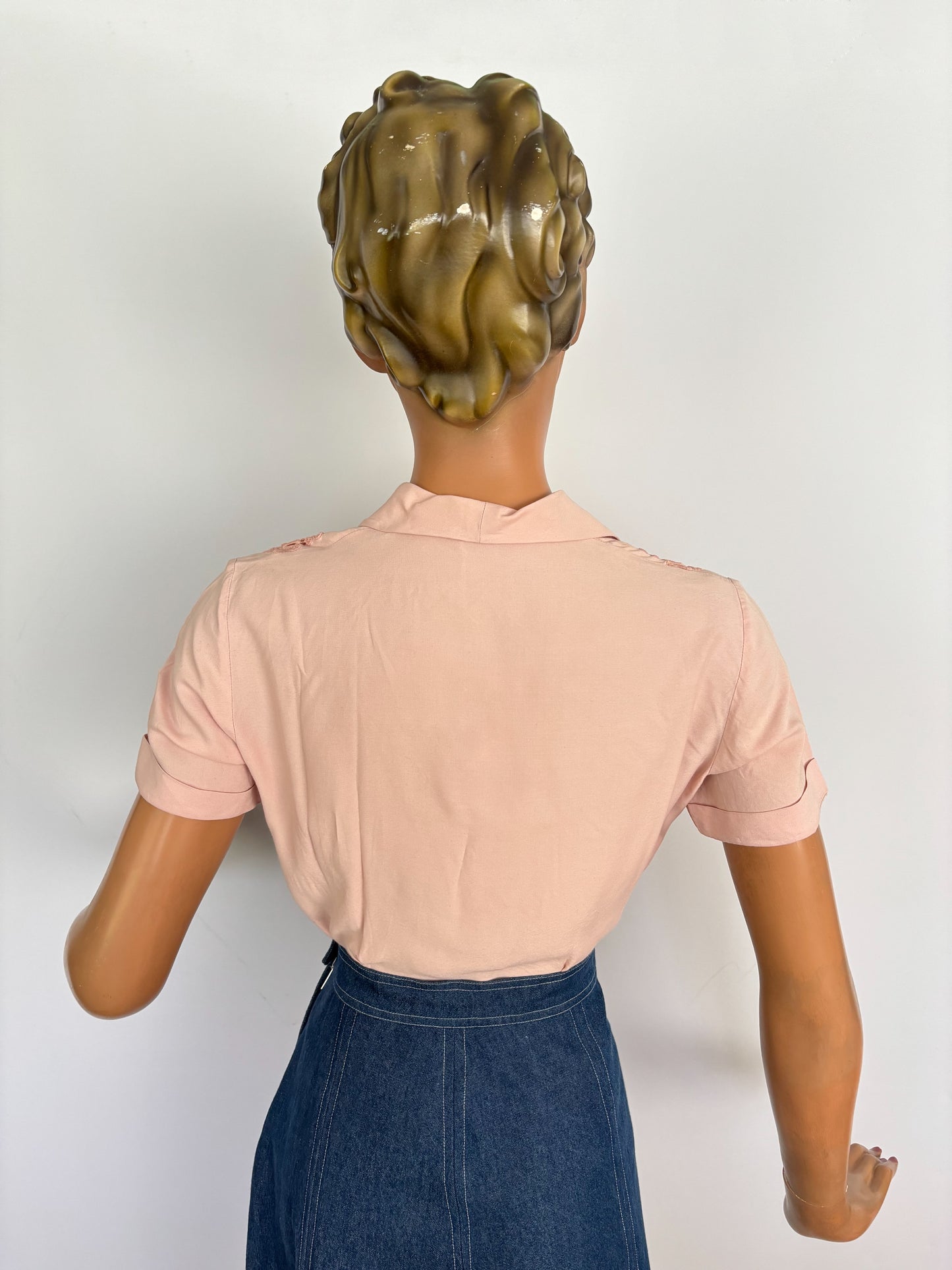 S | 1950s Blush Pink Rayon Blouse With Lace Insert