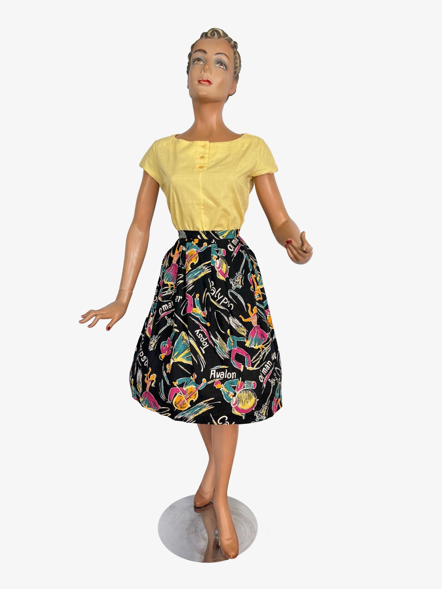S/M | 1950s Calypso Novelty Barkcloth Skirt