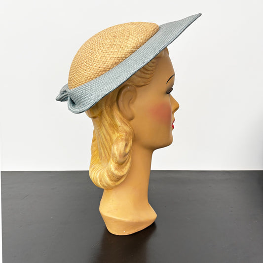 1940s Straw Halo Hat Steel Blue Brim