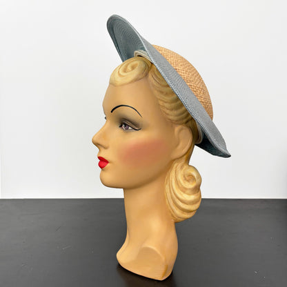 1940s Straw Halo Hat Steel Blue Brim