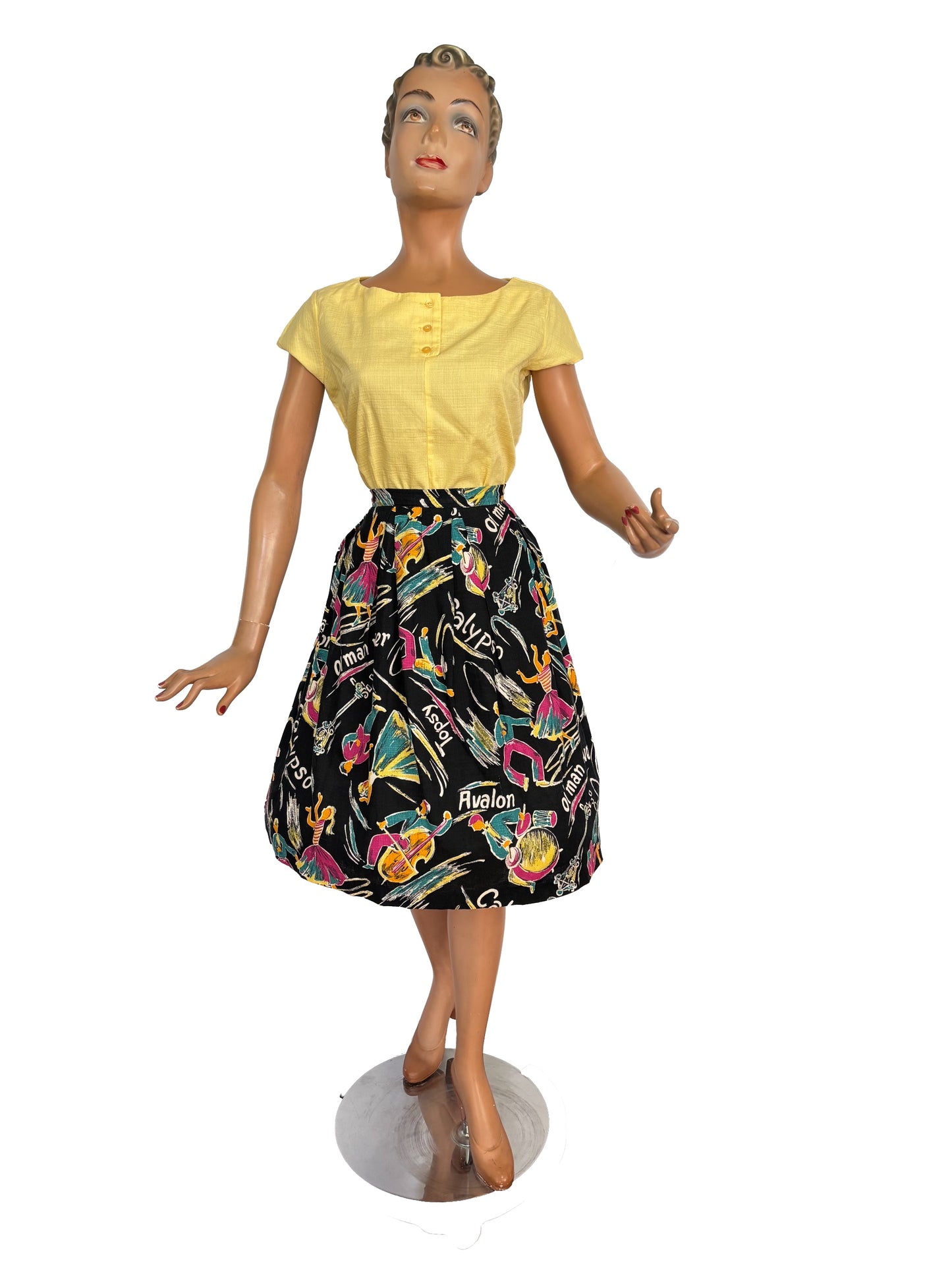 S/M | 1950s Calypso Novelty Barkcloth Skirt