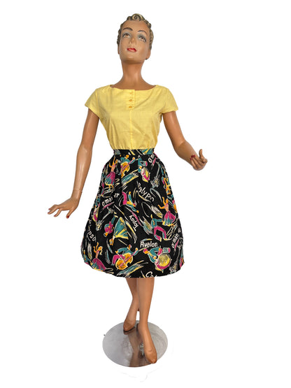 S/M | 1950s Calypso Novelty Barkcloth Skirt