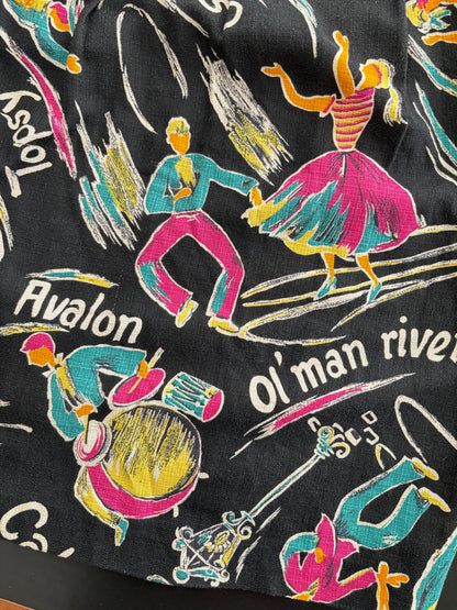 S/M | 1950s Calypso Novelty Barkcloth Skirt