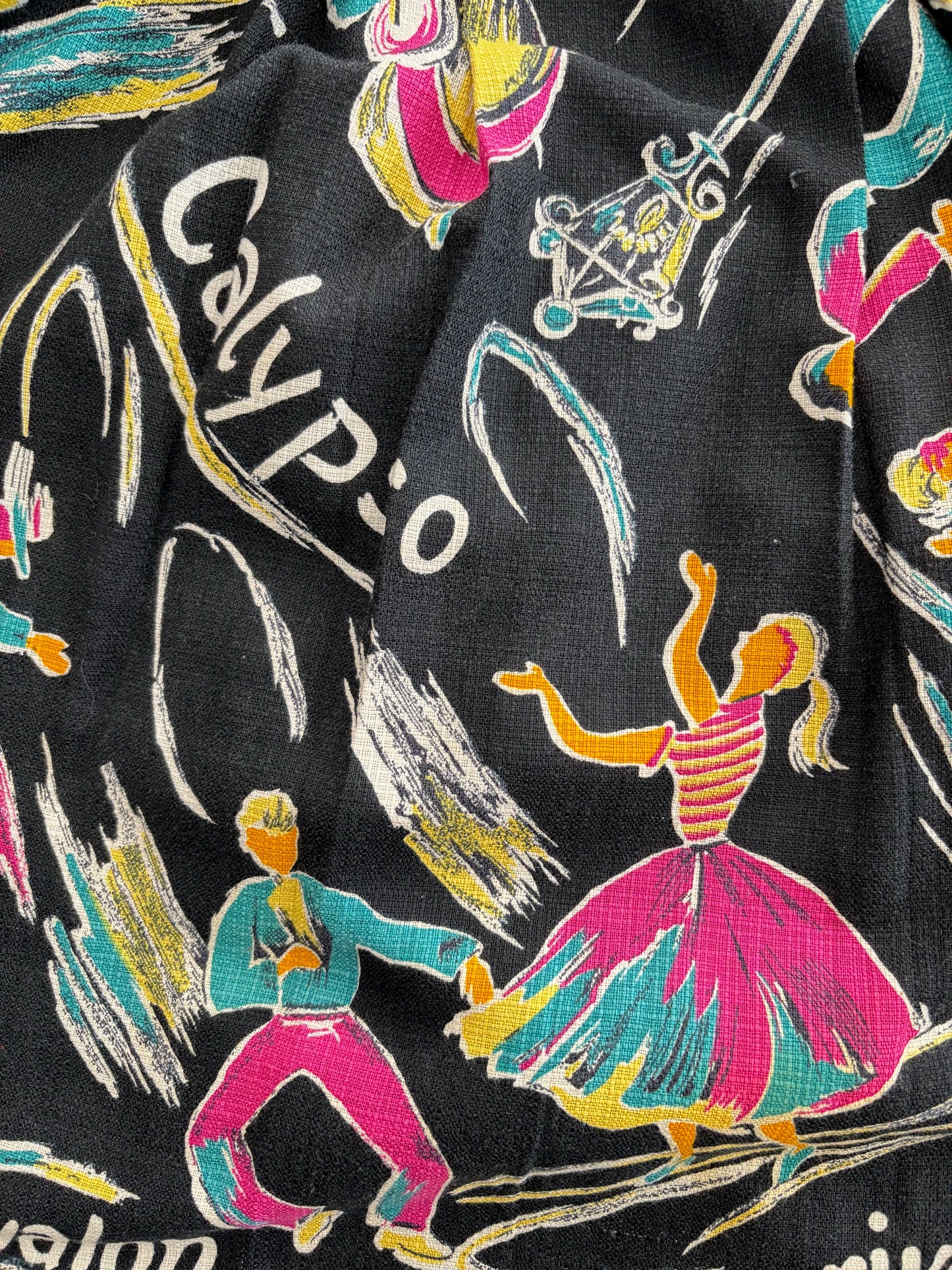 S/M | 1950s Calypso Novelty Barkcloth Skirt