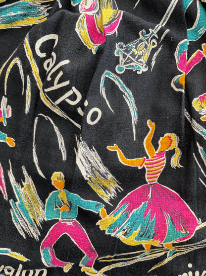 S/M | 1950s Calypso Novelty Barkcloth Skirt