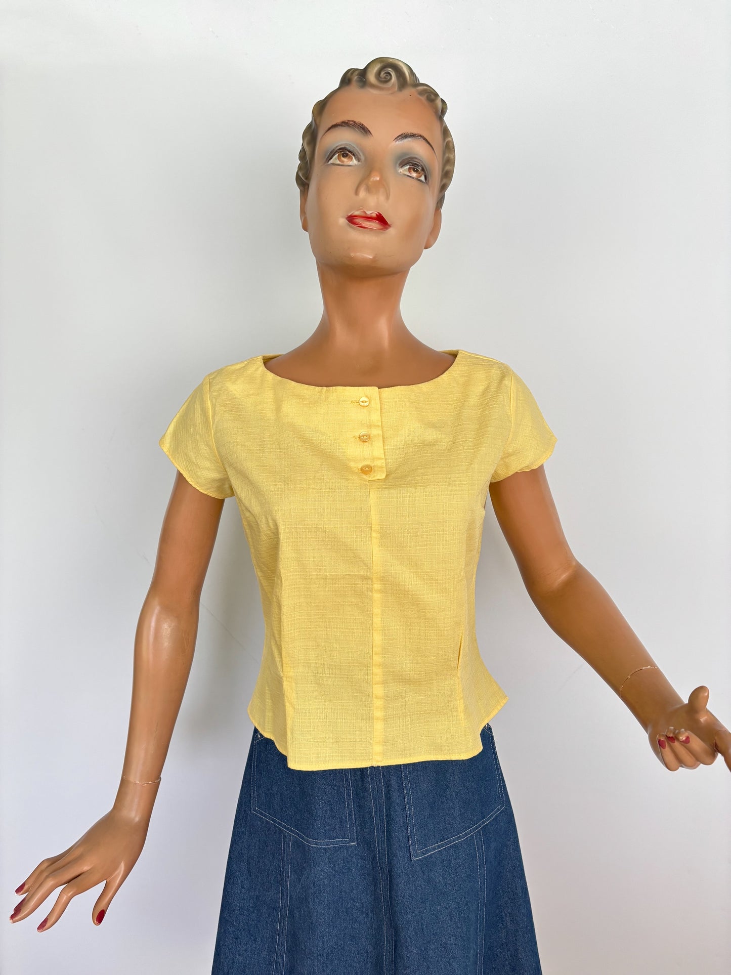 S | 1950s/60s Yellow Cotton Linen Blouse