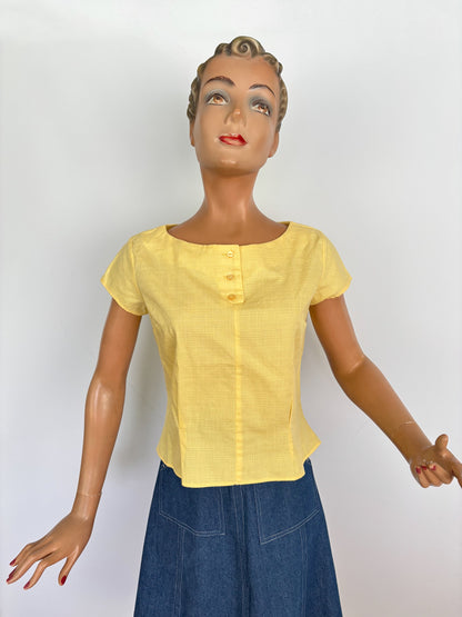 S | 1950s/60s Yellow Cotton Linen Blouse