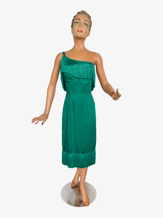 XS | 1950s/60s Petrol Satin Fringe Cocktail Dress