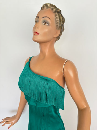 XS | 1950s/60s Petrol Satin Fringe Cocktail Dress