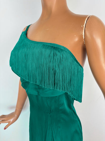 XS | 1950s/60s Petrol Satin Fringe Cocktail Dress