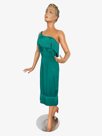 XS | 1950s/60s Petrol Satin Fringe Cocktail Dress