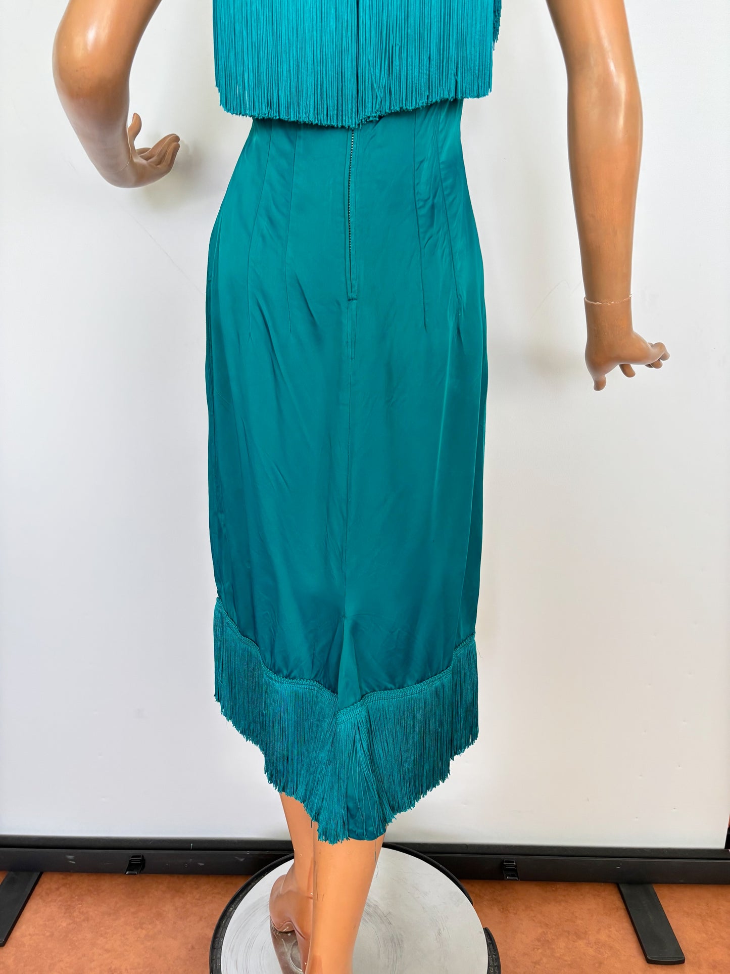 XS | 1950s/60s Petrol Satin Fringe Cocktail Dress