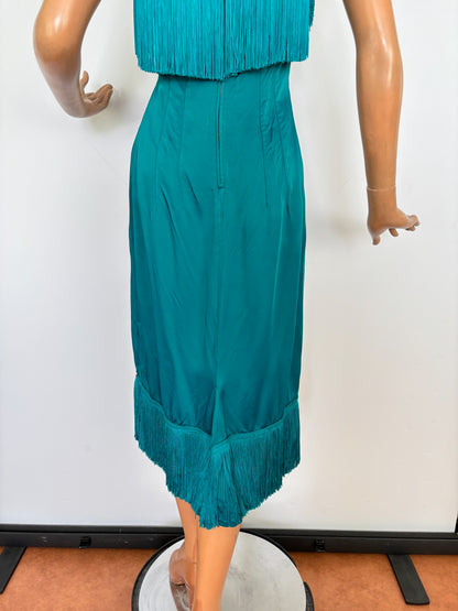 XS | 1950s/60s Petrol Satin Fringe Cocktail Dress