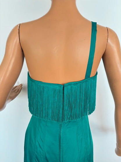 XS | 1950s/60s Petrol Satin Fringe Cocktail Dress
