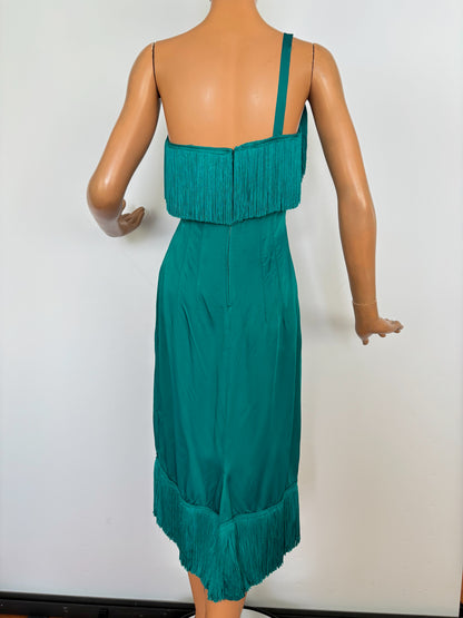 XS | 1950s/60s Petrol Satin Fringe Cocktail Dress