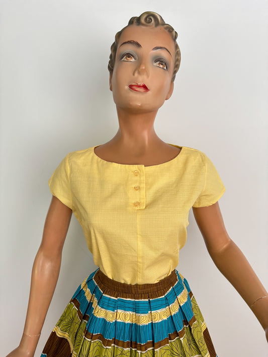 S | 1950s/60s Yellow Cotton Linen Blouse