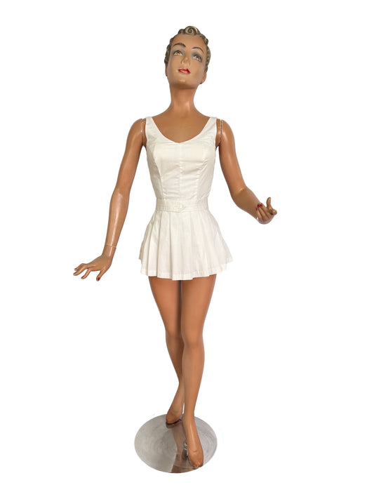XXS | 1940s/50s Elon of California White Swiss Dot Cotton Skirted Swimsuit