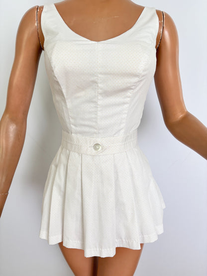 XXS | 1940s/50s Elon of California White Swiss Dot Cotton Skirted Swimsuit
