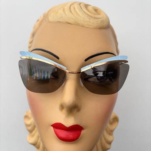 1950s Samco Gold Metal Cat Eye Sunglasses with Blue Plastic Trim