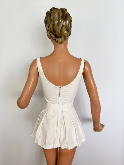XXS | 1940s/50s Elon of California White Swiss Dot Cotton Skirted Swimsuit