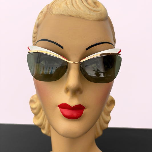 1950s Samco Gold Metal Cat Eye Sunglasses with Red and White Trim