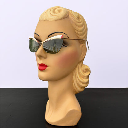 1950s Samco Gold Metal Cat Eye Sunglasses with Red and White Trim