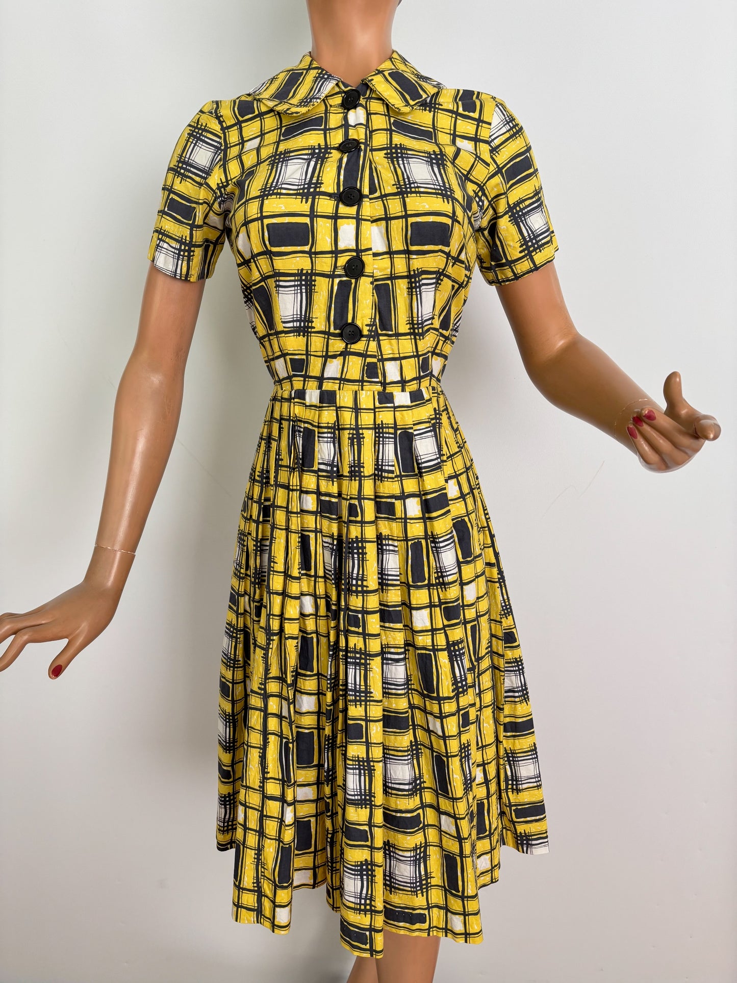 S | 1950s/60s Yellow Black Graphic Plaid Poplin Shirtwaist Dress