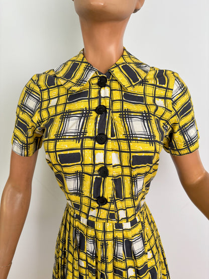 S | 1950s/60s Yellow Black Graphic Plaid Poplin Shirtwaist Dress