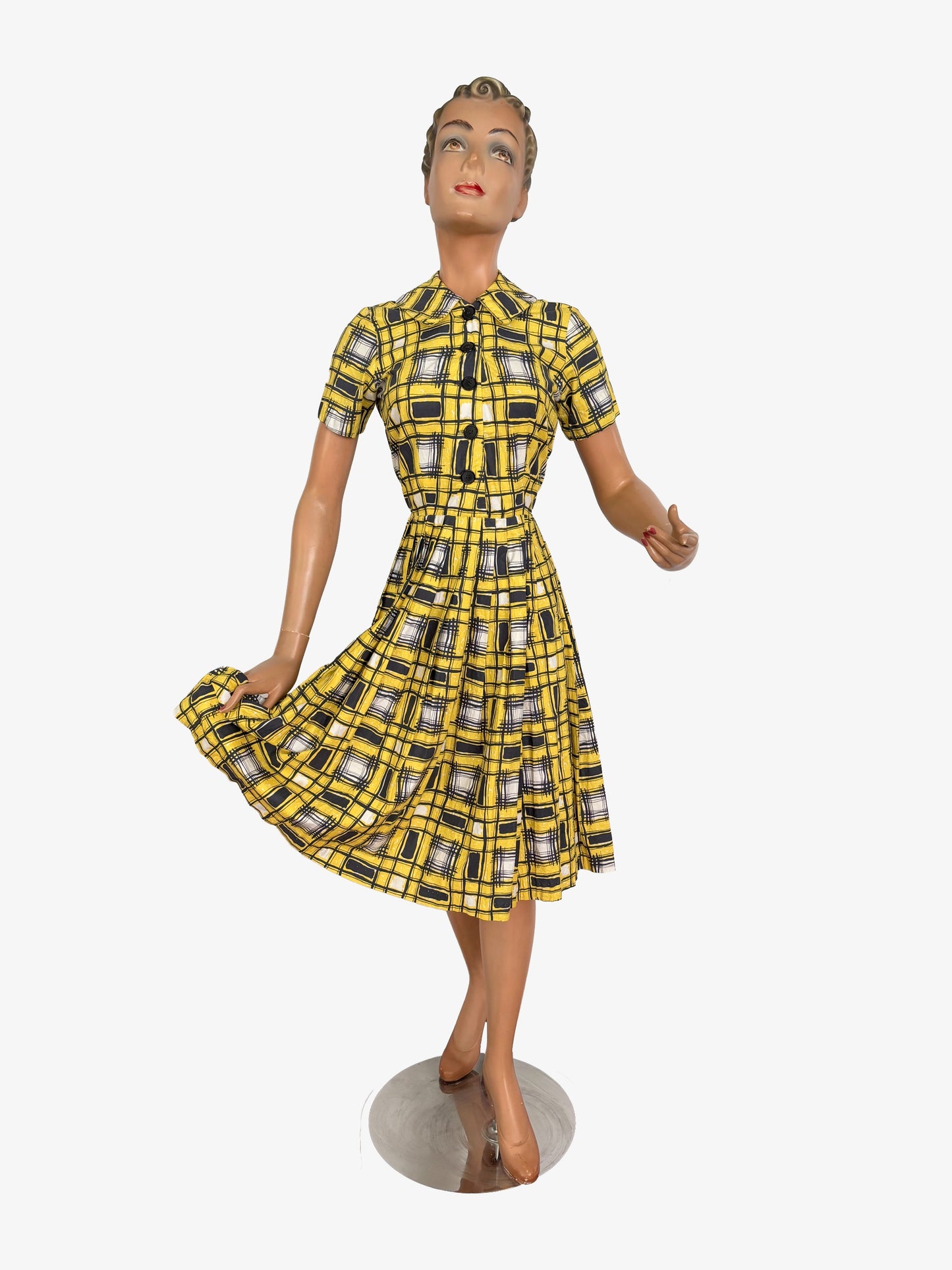 S | 1950s/60s Yellow Black Graphic Plaid Poplin Shirtwaist Dress