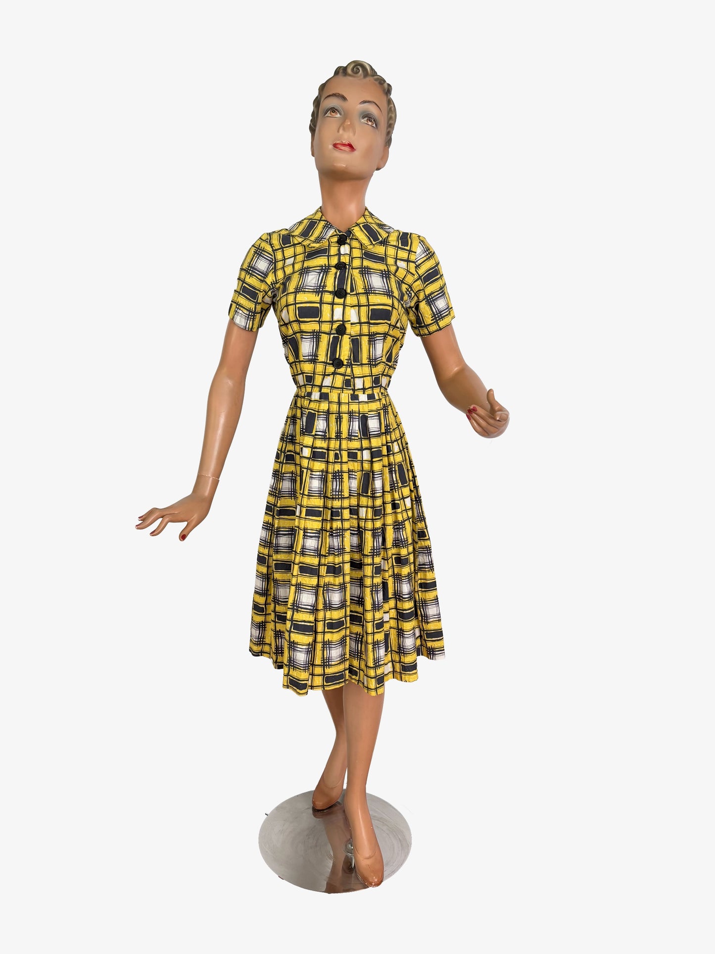 S | 1950s/60s Yellow Black Graphic Plaid Poplin Shirtwaist Dress