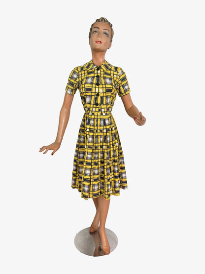S | 1950s/60s Yellow Black Graphic Plaid Poplin Shirtwaist Dress