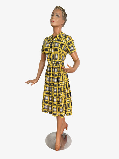 S | 1950s/60s Yellow Black Graphic Plaid Poplin Shirtwaist Dress