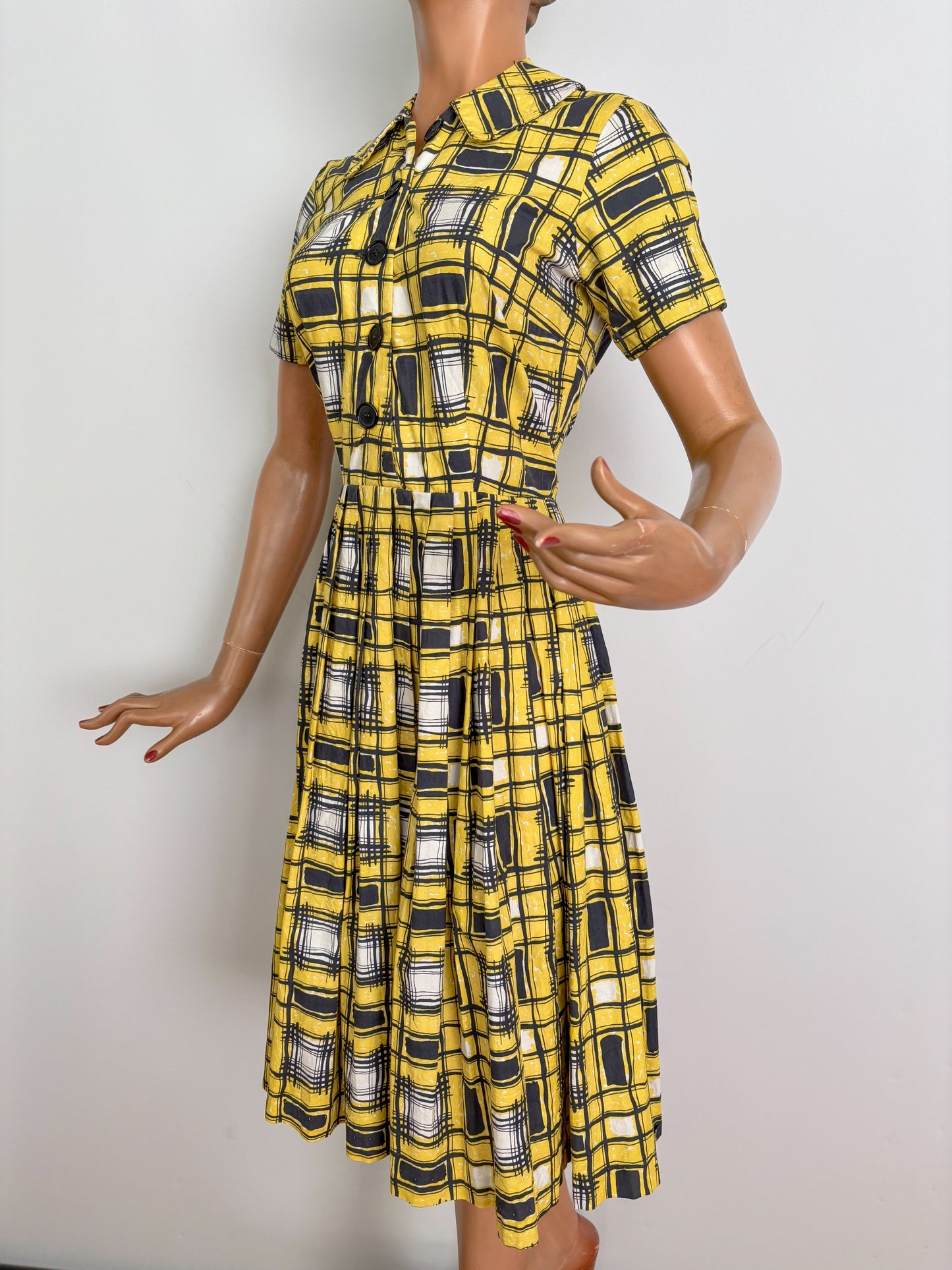 S | 1950s/60s Yellow Black Graphic Plaid Poplin Shirtwaist Dress