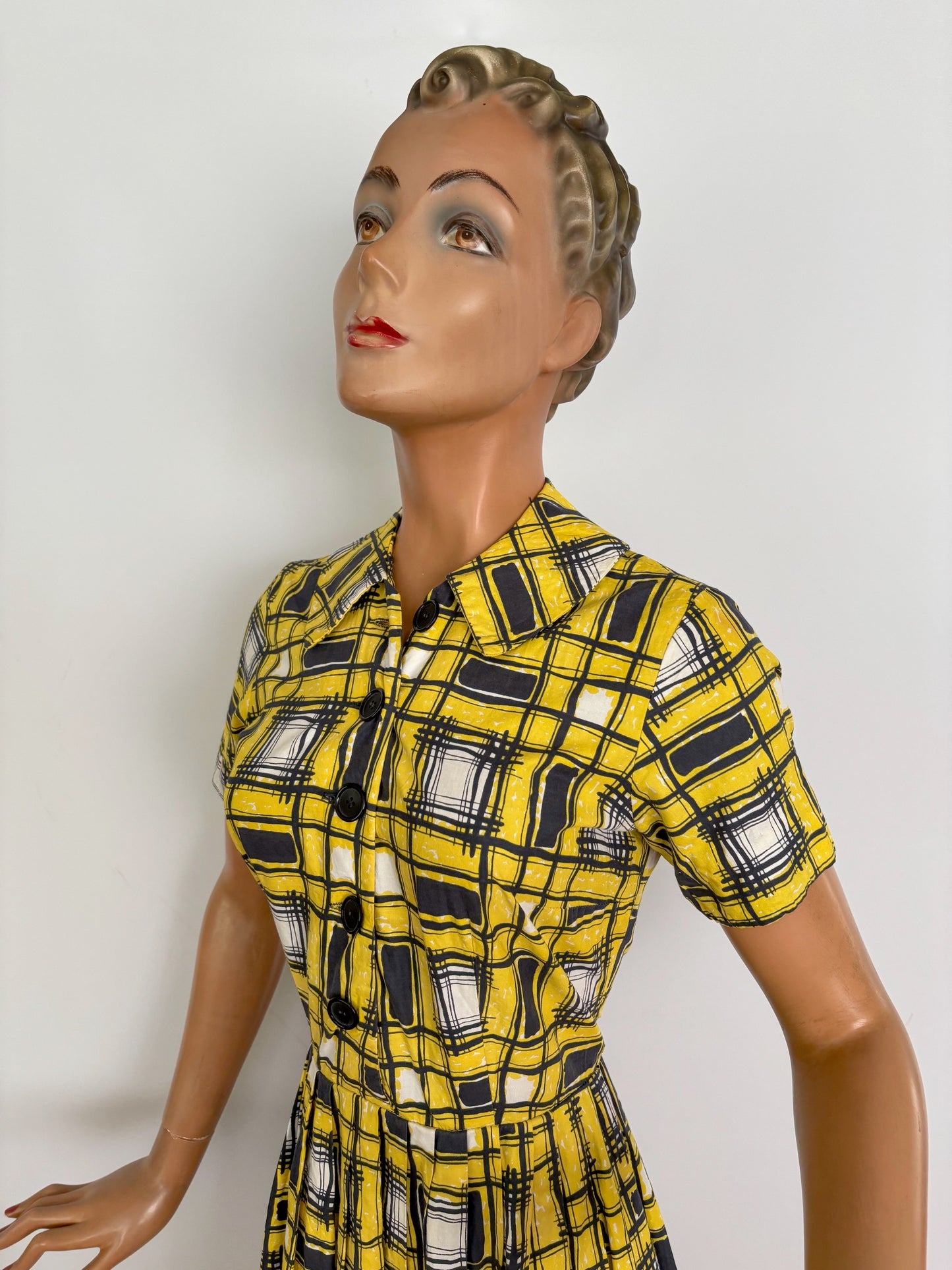 S | 1950s/60s Yellow Black Graphic Plaid Poplin Shirtwaist Dress