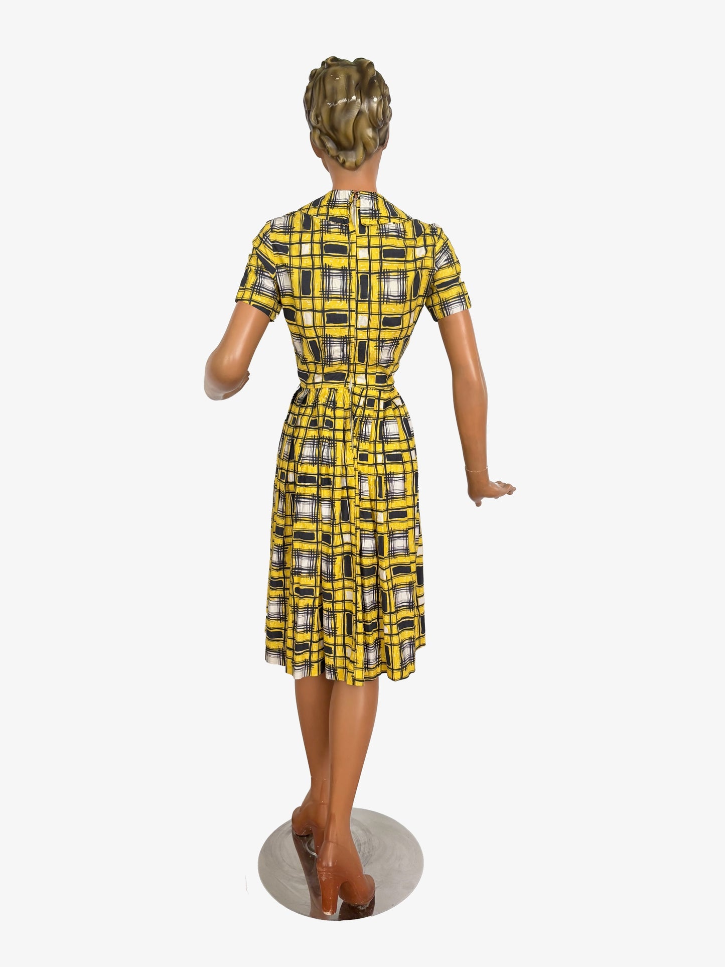 S | 1950s/60s Yellow Black Graphic Plaid Poplin Shirtwaist Dress